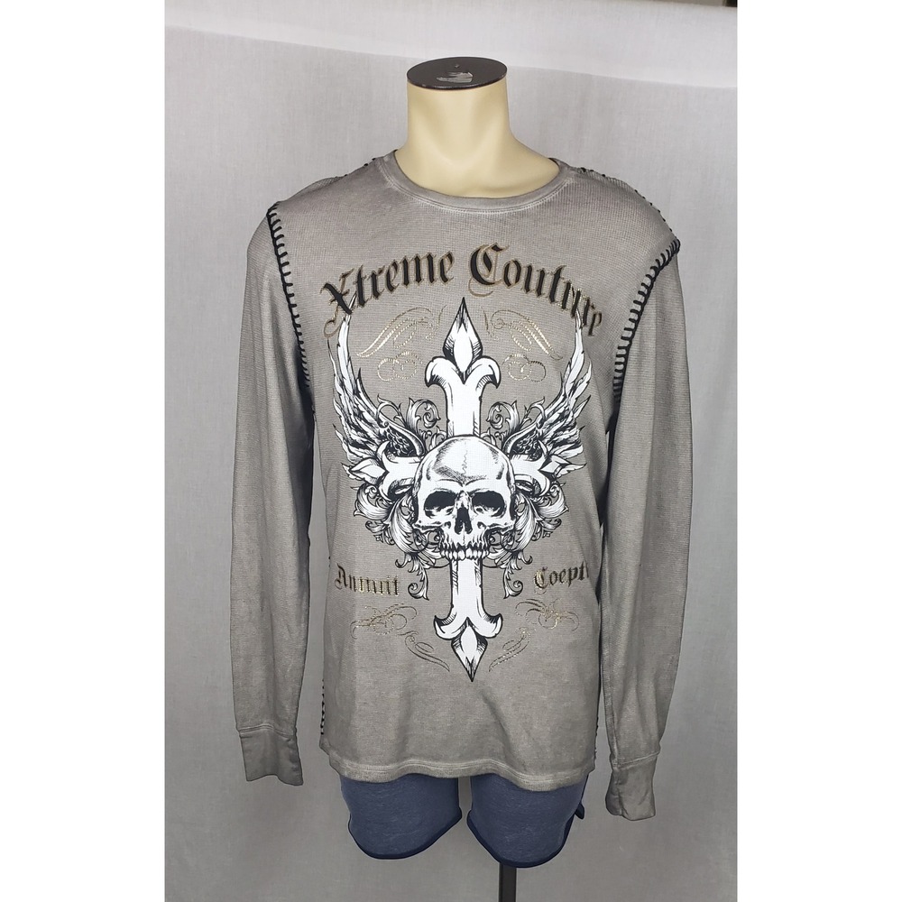 Xtreme Couture Skull Cross Thermal‎ Shirt Mens L Gray Graphic Print Casual Y2K